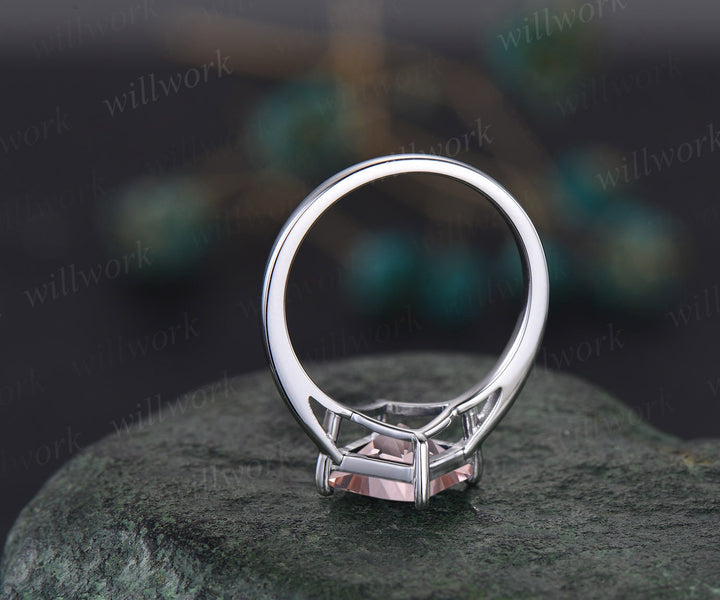 Princess cut morganite engagement ring set solid 14k white gold Minimalist Solitaire bridal set three stone diamond wedding band jewelry