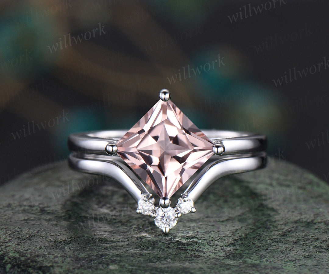 Princess cut morganite engagement ring set solid 14k white gold Minimalist Solitaire bridal set three stone diamond wedding band jewelry