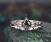 Kite cut black rutilated quartz ring vintage unique engagement ring rose gold marquise cut diamond ring dainty promise bridal ring set women