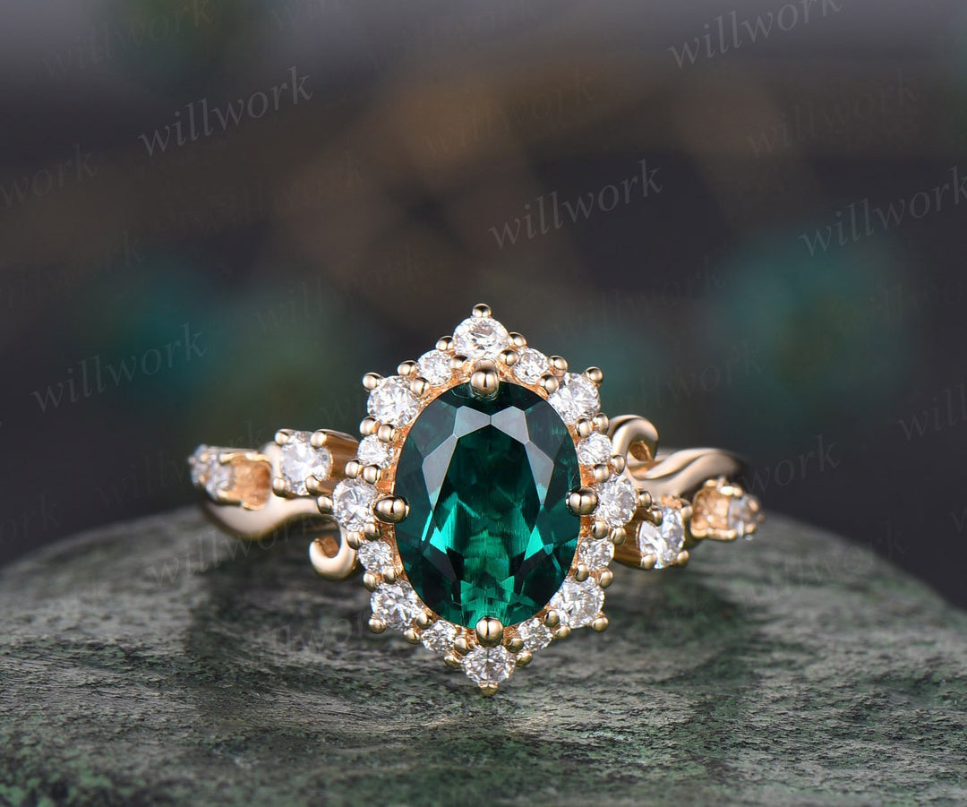 Vintage oval cut emerald engagement ring halo diamond ring 14k yellow gold art deco May birthstone ring unique bridal ring women jewelry