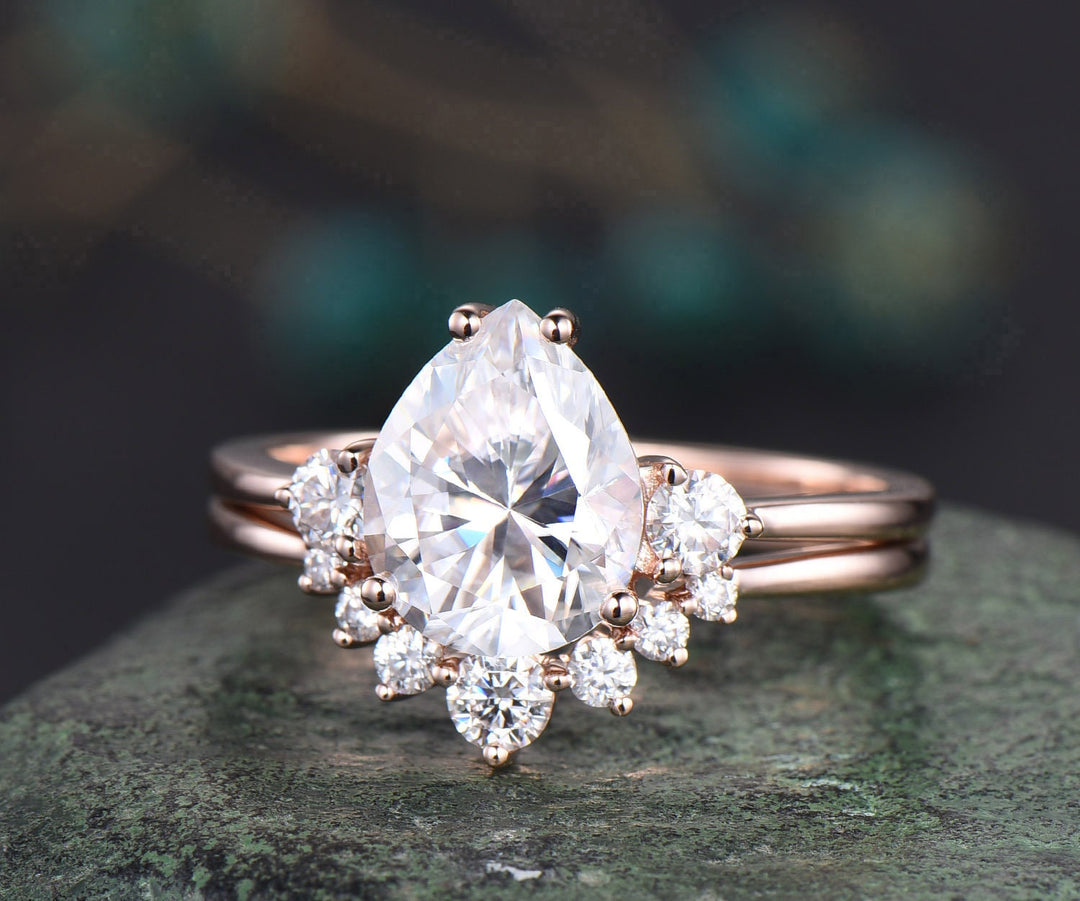 8x10mm pear shaped Moissanite engagement ring set solid 14k rose gold three stone Minimalist unique wedding promise bridal ring set women