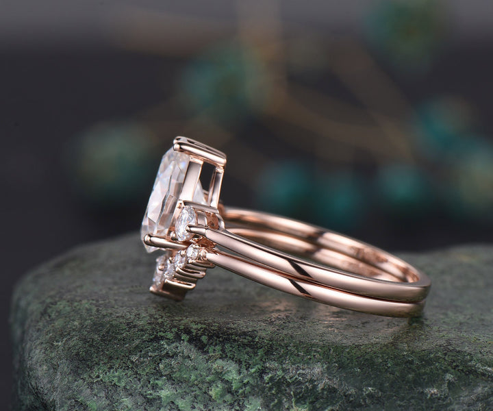 8x10mm pear shaped Moissanite engagement ring set solid 14k rose gold three stone Minimalist unique wedding promise bridal ring set women