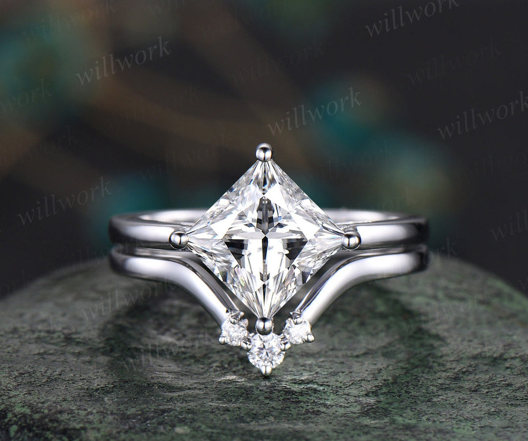 Princess cut Moissanite engagement ring set solid 14k white gold three stone Minimalist Solitaire unique anniversary bridal ring set women