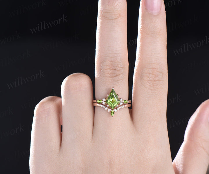 8x11mm kite cut peridot ring solid 14k rose gold green peridot engagement ring se  women art deco vintage diamond wedding bridal ring set