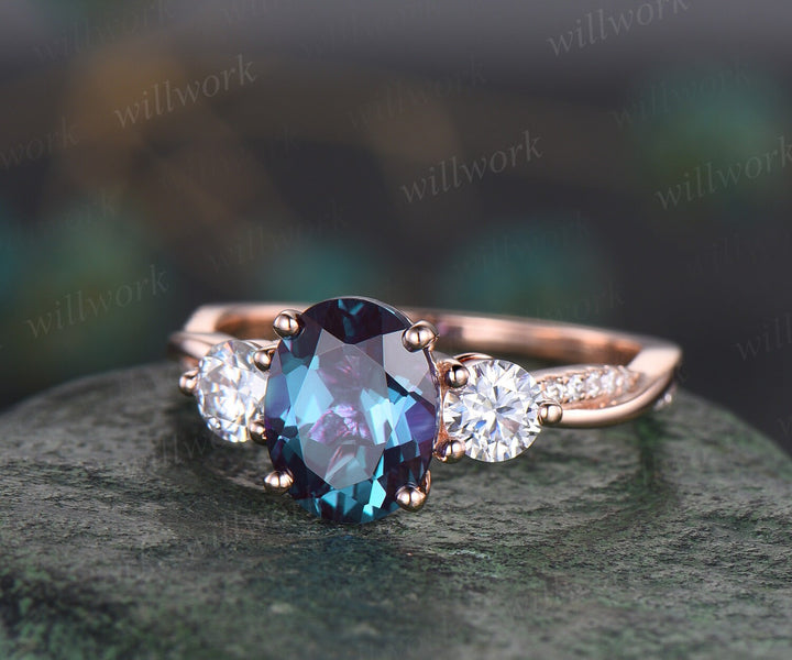 Vintage oval cut Alexandrite engagement ring solid 14k rose gold eternity twisted moissanite wedding promise bridal ring women fine jewelry