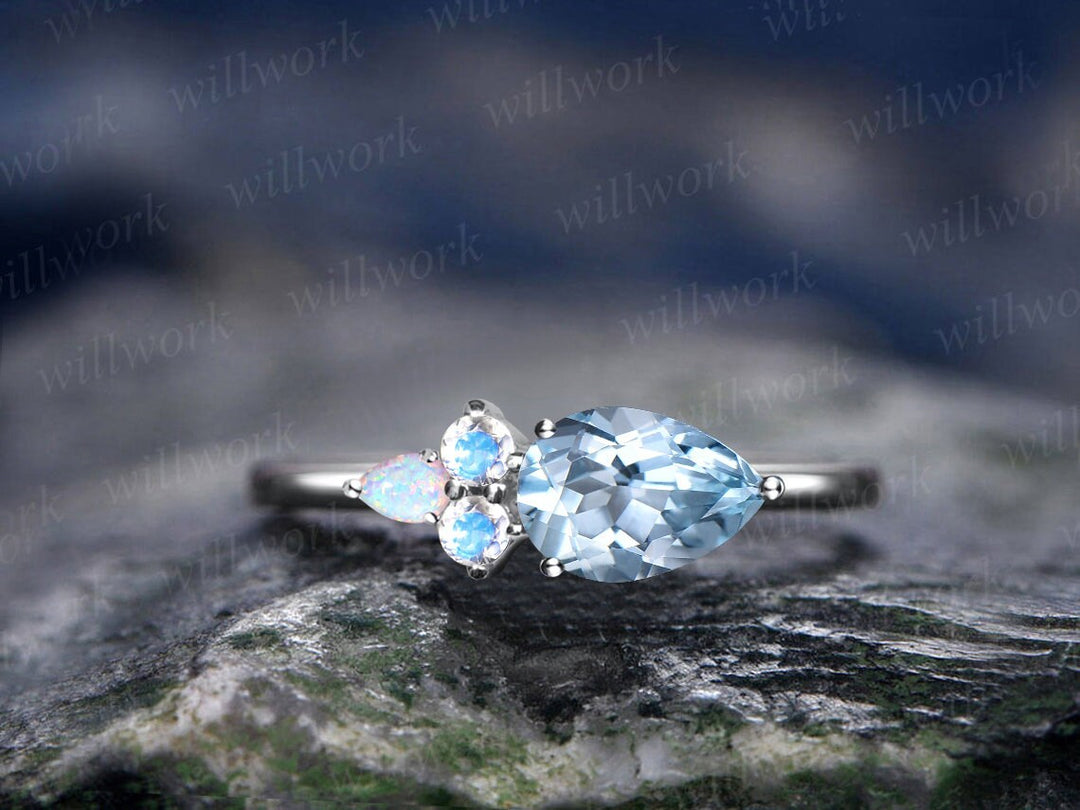 Dainty Pear shaped aquamarine engagement ring solid 14k rose gold moonstone ring vintage opal ring women unique anniversary wedding ring