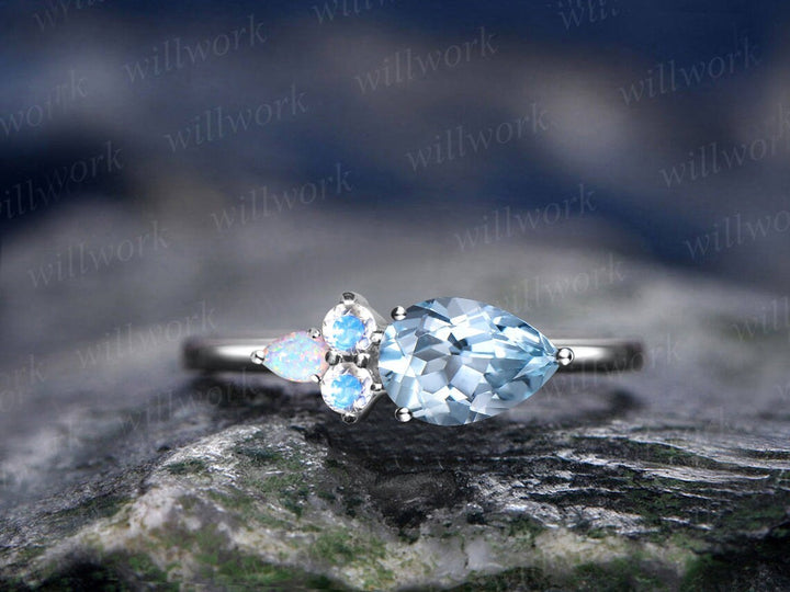 Dainty Pear shaped aquamarine engagement ring solid 14k rose gold moonstone ring vintage opal ring women unique anniversary wedding ring