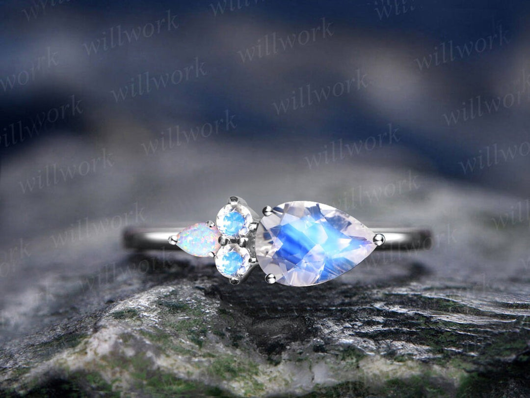 Pear shaped moonstone ring vintage five stone East To West unique engagement ring 14k rose gold dainty opal ring women anniversary ring gift