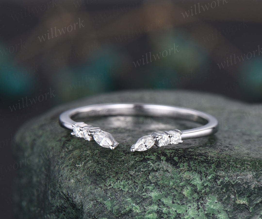 Open gap curved art deco diamond wedding band solid 14k white gold 6 stone ring moissanite stacking ring band women anniversary ring gift