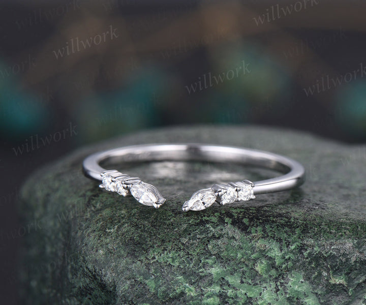 Open gap curved art deco diamond wedding band solid 14k white gold 6 stone ring moissanite stacking ring band women anniversary ring gift