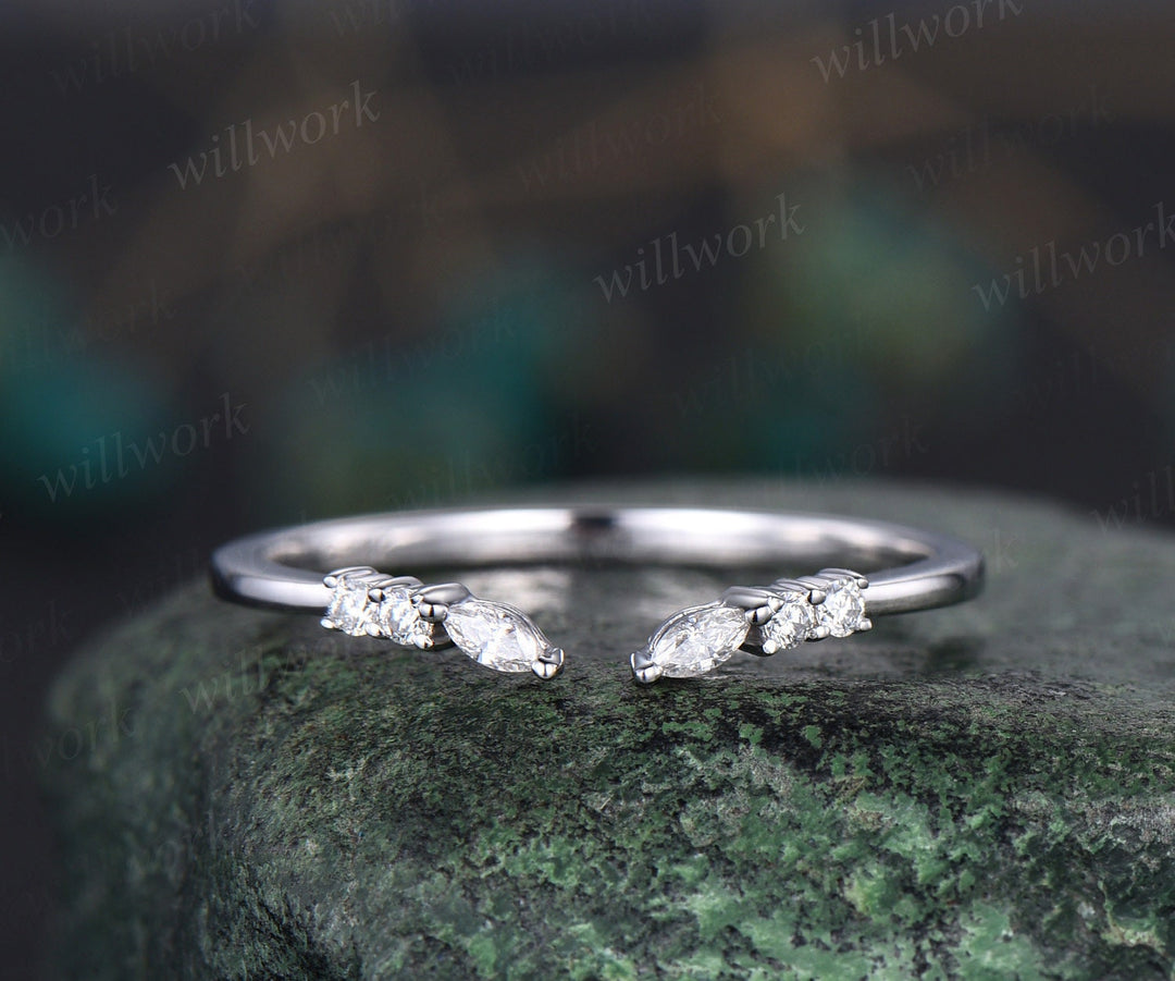 Open gap curved art deco diamond wedding band solid 14k white gold 6 stone ring moissanite stacking ring band women anniversary ring gift