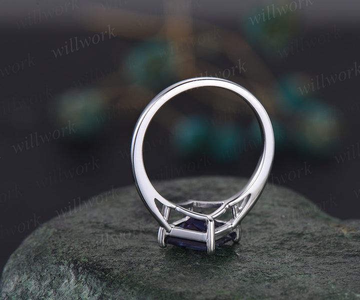 Princess cut Alexandrite engagement ring set solid 14k white gold three stone Minimalist Solitaire unique anniversary bridal ring set women