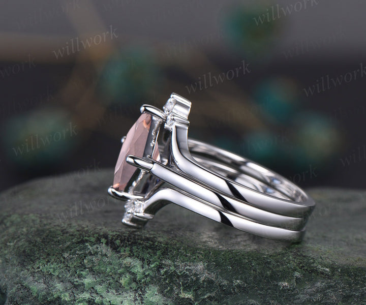 Princess cut morganite engagement ring set solid 14k white gold Minimalist Solitaire bridal set three stone diamond wedding band jewelry