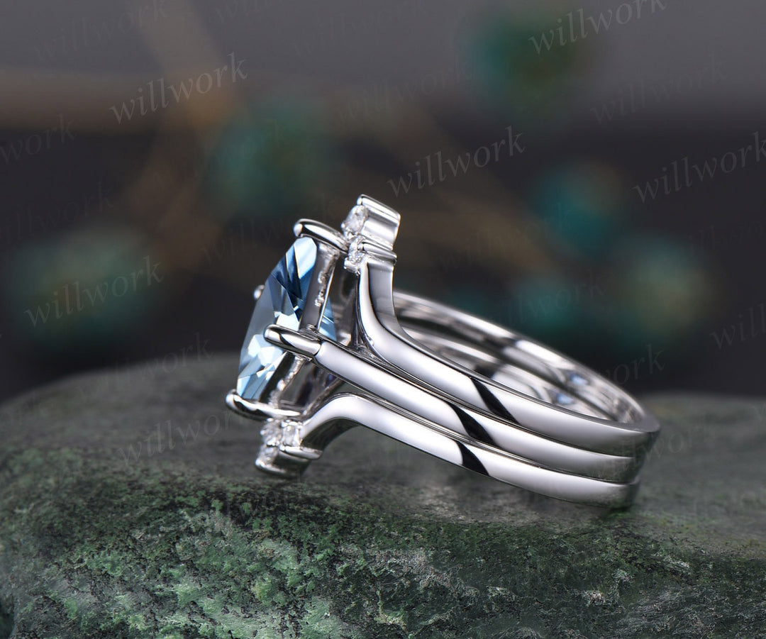 Princess cut Aquamarine engagement ring set solid 14k white gold three stone Minimalist Solitaire unique anniversary wedding ring set women