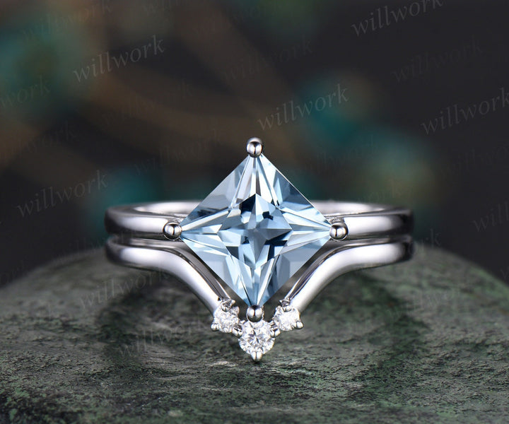 Princess cut Aquamarine engagement ring set solid 14k white gold three stone Minimalist Solitaire unique anniversary wedding ring set women