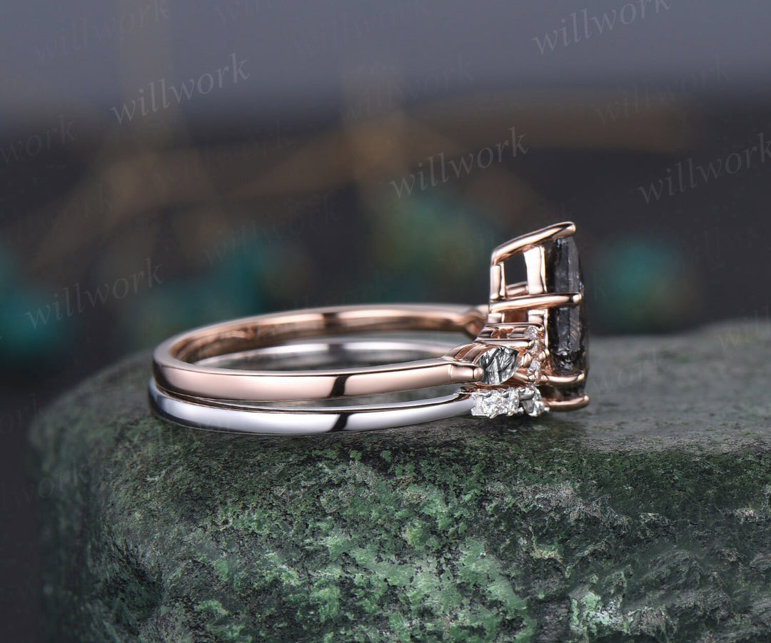 Kite cut black rutilated quartz ring vintage unique engagement ring rose gold marquise cut diamond ring dainty promise bridal ring set women
