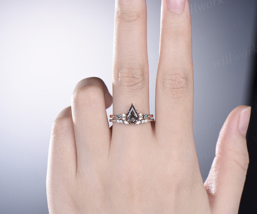 Kite cut black rutilated quartz ring vintage unique engagement ring rose gold marquise cut diamond ring dainty promise bridal ring set women