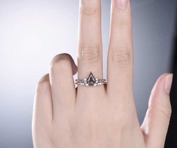 Kite cut black rutilated quartz ring vintage unique engagement ring rose gold marquise cut diamond ring dainty promise bridal ring set women