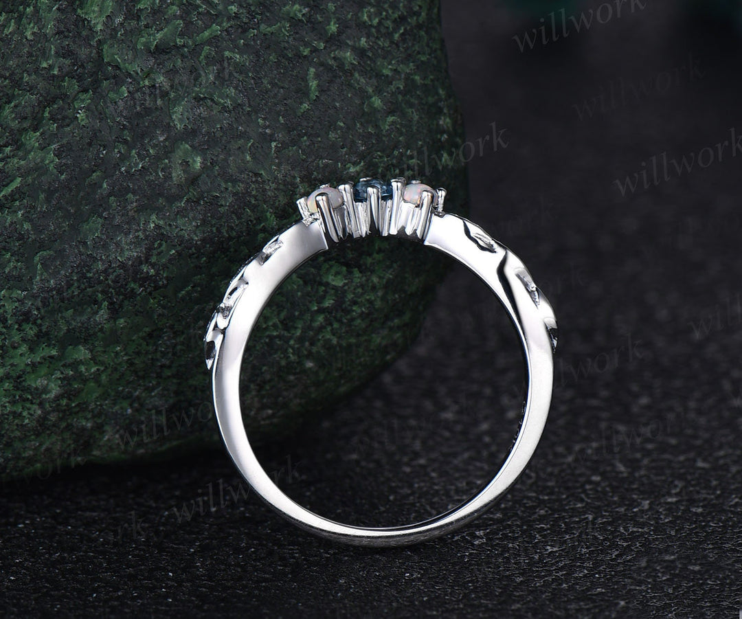 Curved London blue topaz opal wedding band 14k white gold leaf vintage three stone wedding ring band women stacking anniversary ring gift
