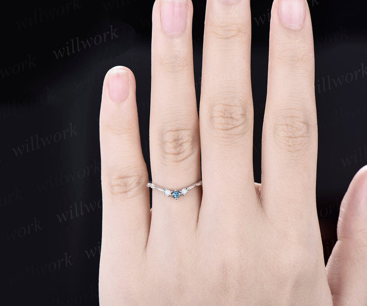 Curved London blue topaz opal wedding band 14k white gold leaf vintage three stone wedding ring band women stacking anniversary ring gift