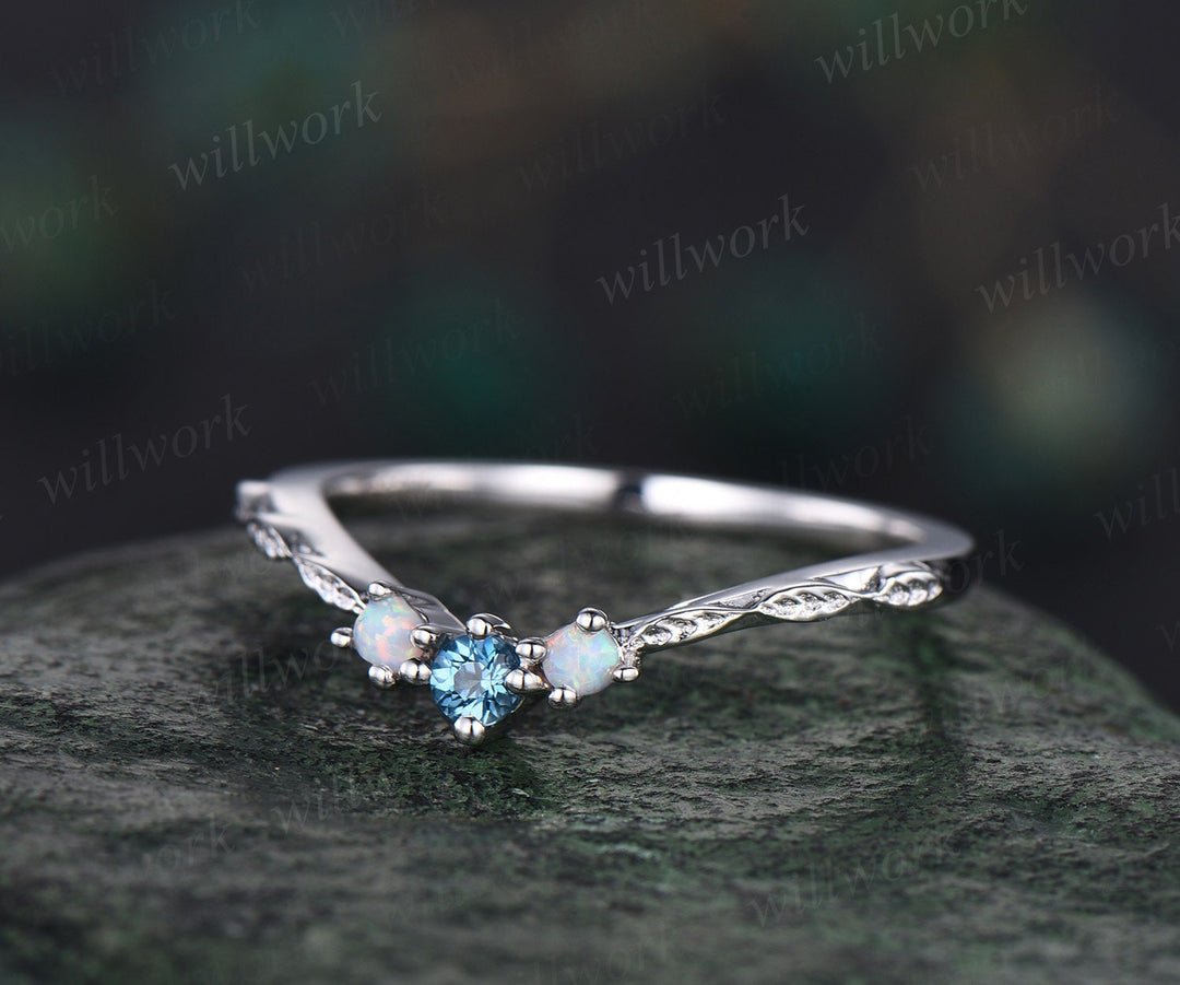Curved London blue topaz opal wedding band 14k white gold leaf vintage three stone wedding ring band women stacking anniversary ring gift
