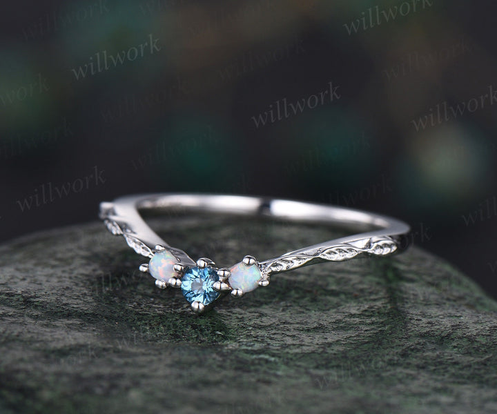 Curved London blue topaz opal wedding band 14k white gold leaf vintage three stone wedding ring band women stacking anniversary ring gift