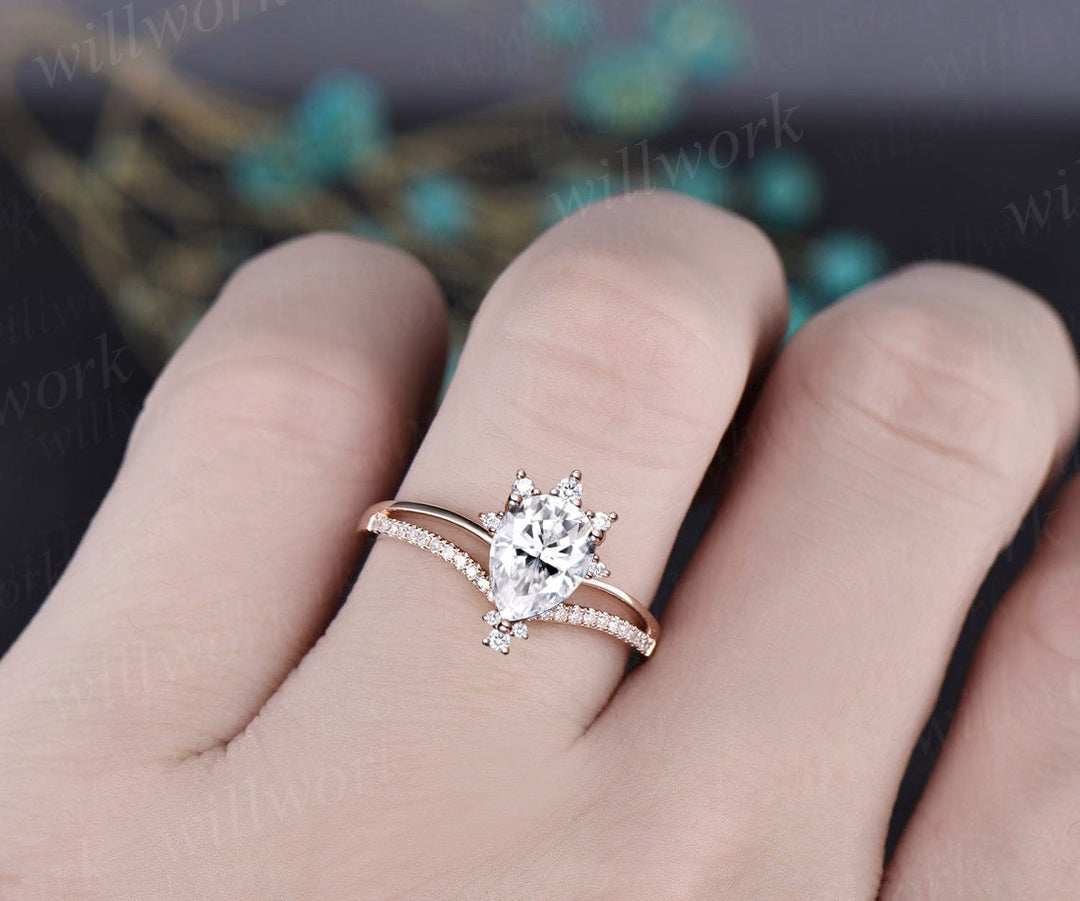 Vintage pear shaped moissanite engagement ring 14k rose gold half eternity cluster split shank diamond ring unique wedding ring women gift