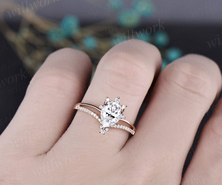 Vintage pear shaped moissanite engagement ring 14k rose gold half eternity cluster split shank diamond ring unique wedding ring women gift