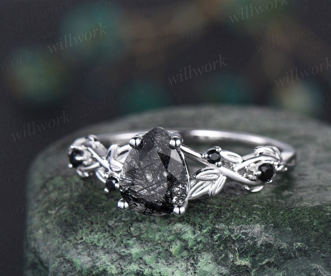 Vintage pear black rutilated quartz ring leaf twig nature inspired engagement ring five stone black diamond white gold bridal ring women