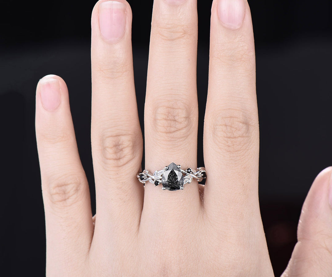 Vintage pear black rutilated quartz ring leaf twig nature inspired engagement ring five stone black diamond white gold bridal ring women