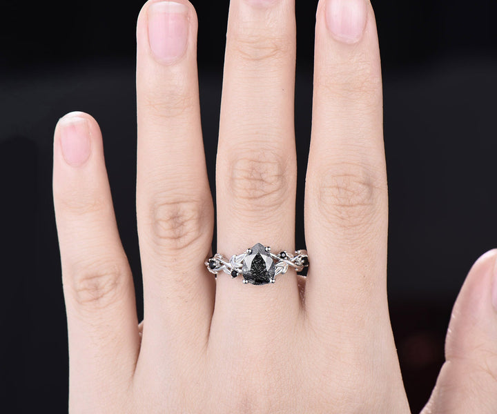 Vintage pear black rutilated quartz ring leaf twig nature inspired engagement ring five stone black diamond white gold bridal ring women