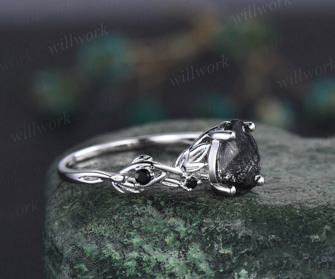 Vintage pear black rutilated quartz ring leaf twig nature inspired engagement ring five stone black diamond white gold bridal ring women