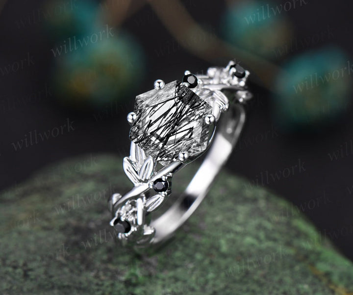 Vintage hexagon cut black rutilated quartz ring leaf twig nature inspired engagement ring rose gold black diamond wedding bridal ring women