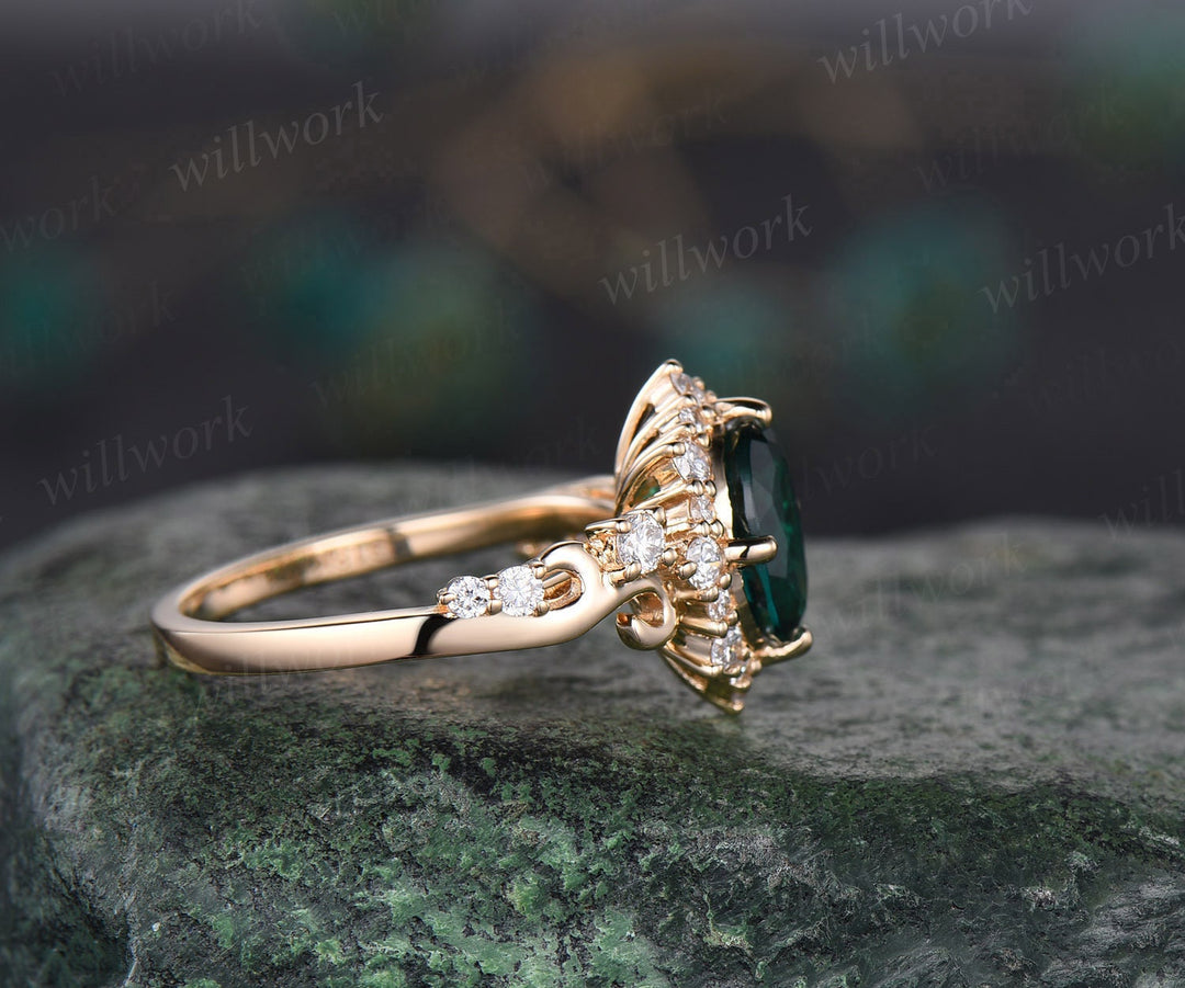 Vintage oval cut emerald engagement ring halo diamond ring 14k yellow gold art deco May birthstone ring unique bridal ring women jewelry