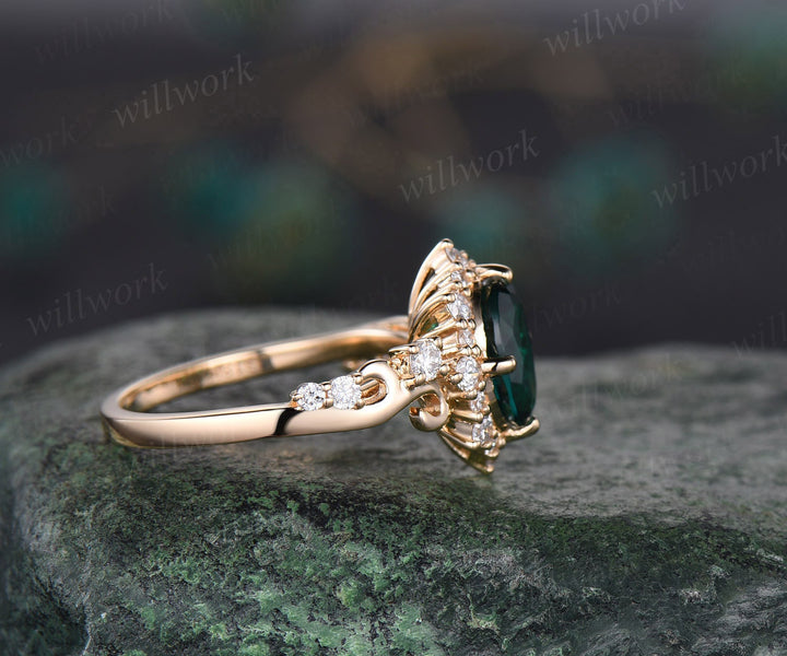 Vintage oval cut emerald engagement ring halo diamond ring 14k yellow gold art deco May birthstone ring unique bridal ring women jewelry