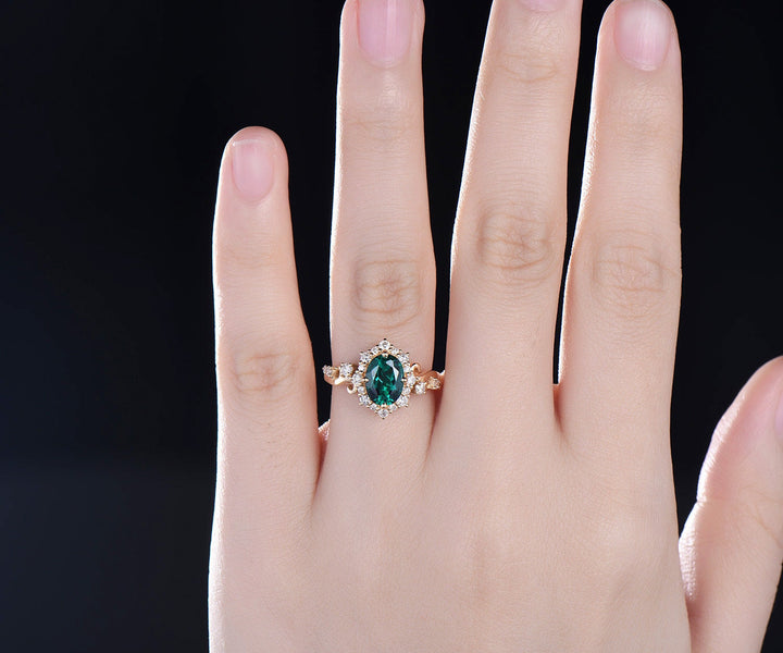 Vintage oval cut emerald engagement ring halo diamond ring 14k yellow gold art deco May birthstone ring unique bridal ring women jewelry