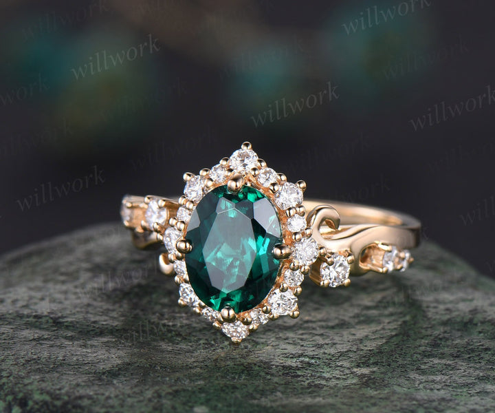 Vintage oval cut emerald engagement ring halo diamond ring 14k yellow gold art deco May birthstone ring unique bridal ring women jewelry