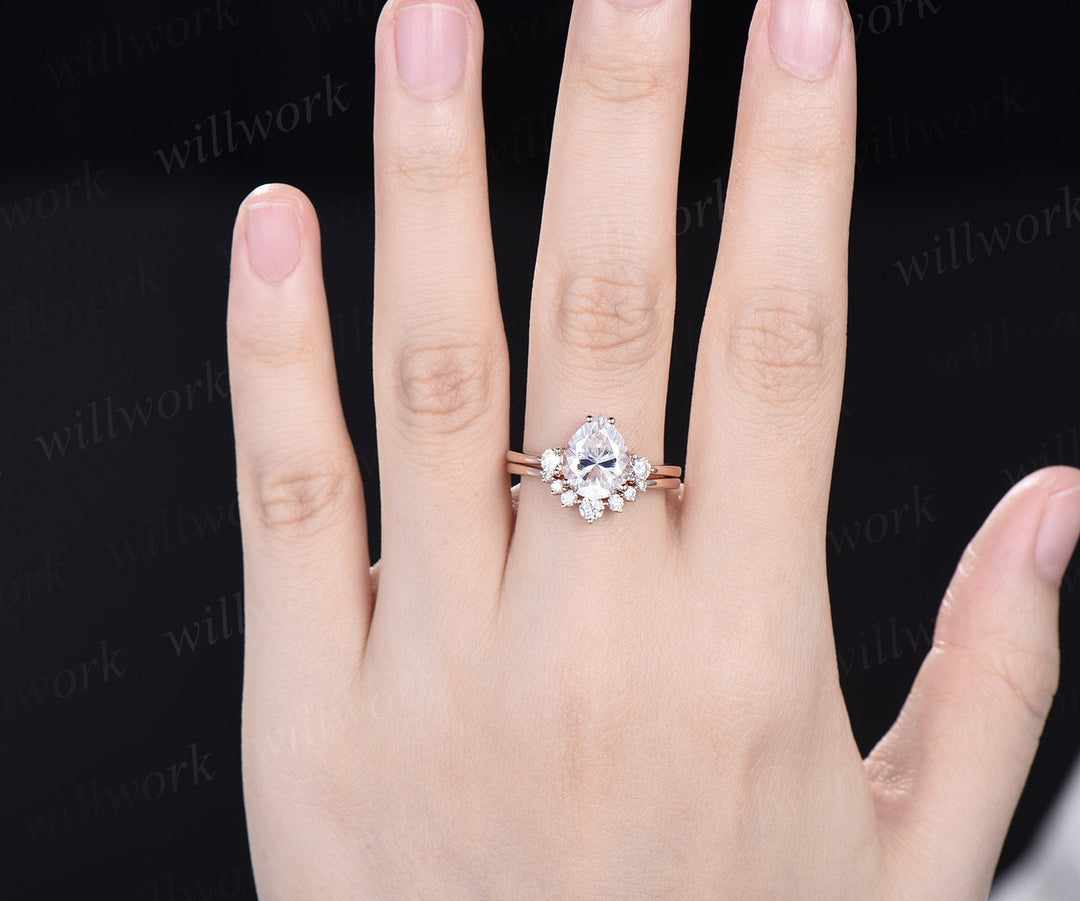 8x10mm pear shaped Moissanite engagement ring set solid 14k rose gold three stone Minimalist unique wedding promise bridal ring set women