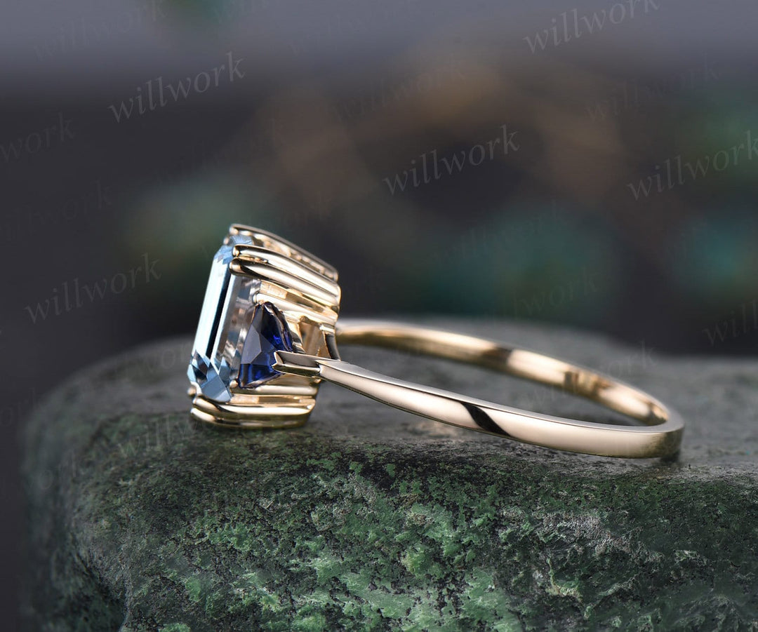 Vintage emerald cut aquamarine engagement ring 14k yellow gold three stone Trilliant cut sapphire ring women blue gemstone ring Fine jewelry