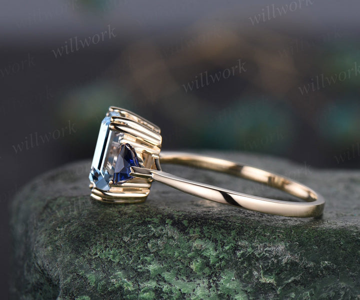 Vintage emerald cut aquamarine engagement ring 14k yellow gold three stone Trilliant cut sapphire ring women blue gemstone ring Fine jewelry