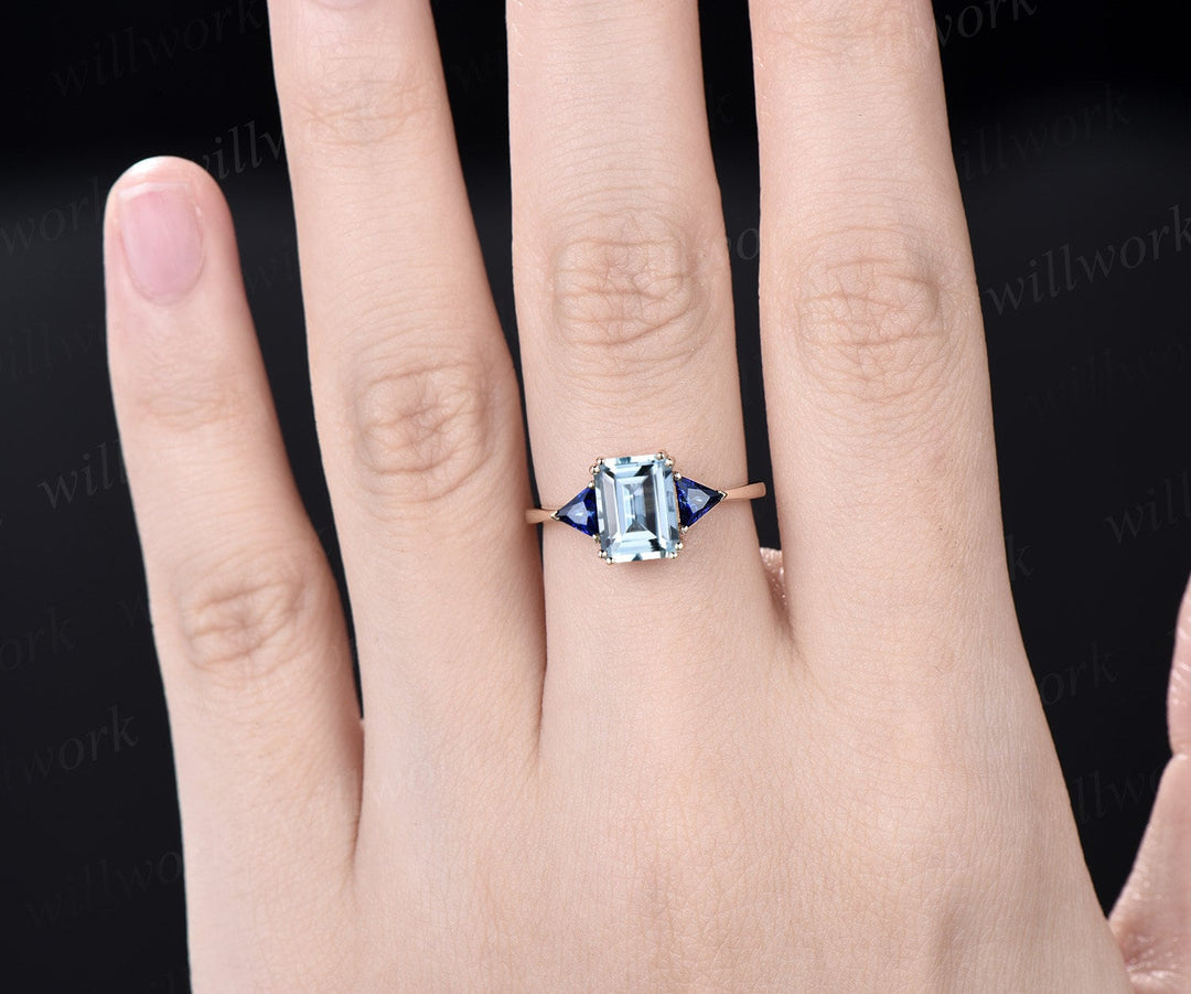 Vintage emerald cut aquamarine engagement ring 14k yellow gold three stone Trilliant cut sapphire ring women blue gemstone ring Fine jewelry