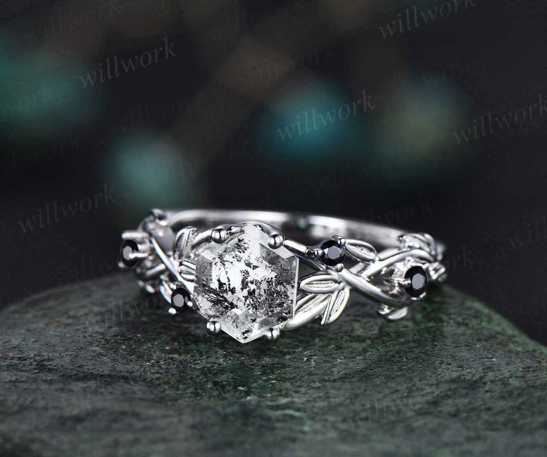 Vintage Natural herkimer diamond engagement ring hexagon cut white gold nature inspired black diamond ring women leaf twisted wedding ring