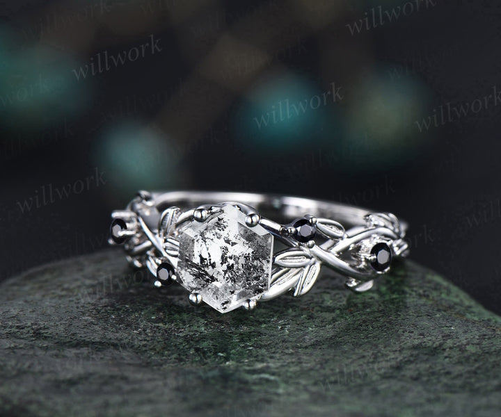 Vintage Natural herkimer diamond engagement ring hexagon cut white gold nature inspired black diamond ring women leaf twisted wedding ring