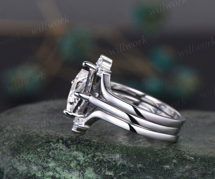 Princess cut Moissanite engagement ring set solid 14k white gold three stone Minimalist Solitaire unique anniversary bridal ring set women