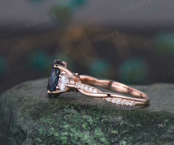 Vintage oval cut Alexandrite engagement ring solid 14k rose gold eternity twisted moissanite wedding promise bridal ring women fine jewelry