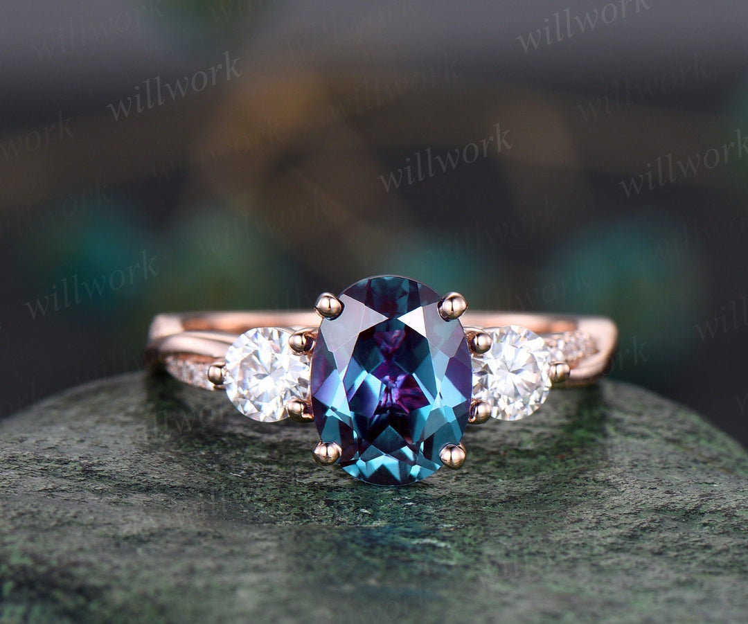 Vintage oval cut Alexandrite engagement ring solid 14k rose gold eternity twisted moissanite wedding promise bridal ring women fine jewelry