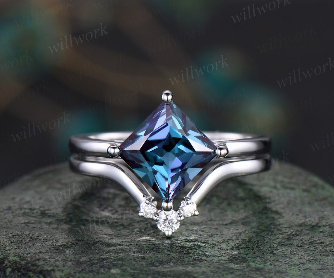 Princess cut Alexandrite engagement ring set solid 14k white gold three stone Minimalist Solitaire unique anniversary bridal ring set women