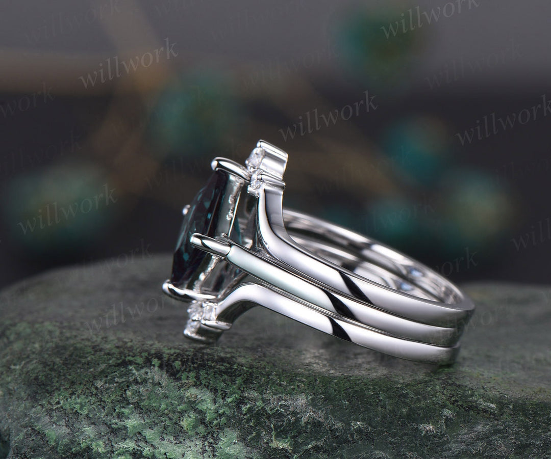 Princess cut Alexandrite engagement ring set solid 14k white gold three stone Minimalist Solitaire unique anniversary bridal ring set women