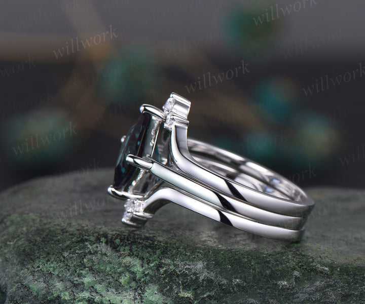Princess cut Alexandrite engagement ring set solid 14k white gold three stone Minimalist Solitaire unique anniversary bridal ring set women