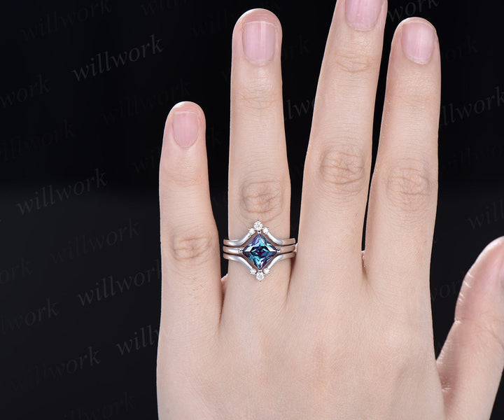 Princess cut Alexandrite engagement ring set solid 14k white gold three stone Minimalist Solitaire unique anniversary bridal ring set women